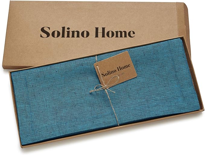 Solino Home Linen Table Runner 156 Inches Long - Athena, 100% Pure Linen Chambray Teal 14 x 156 Inch Table Runner for Dining, Spring, Easter, St Patricks Day