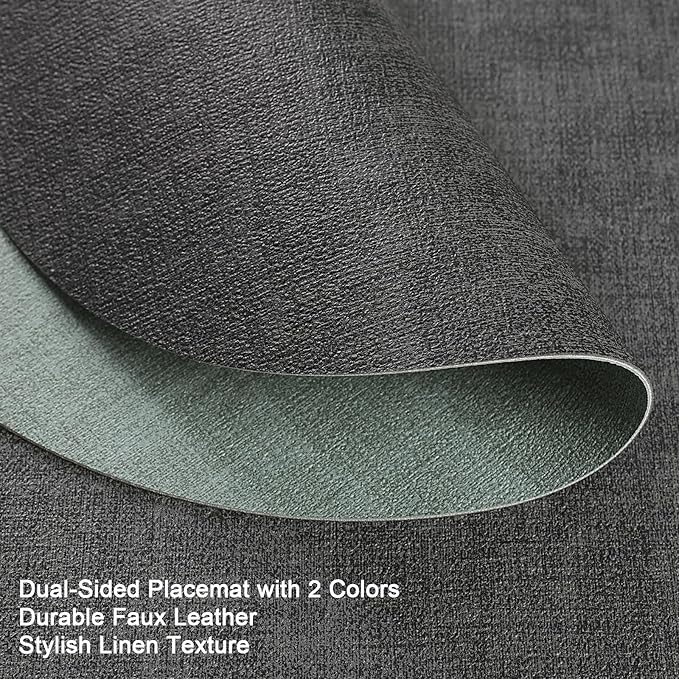 Placemats and Coasters, Washable Reversible Placemats Round Faux Leather Wipeable Place Mats Non Slip Heat Resistant Indoor Outdoor Table Mats (Set of 4, Gray Sage Green)