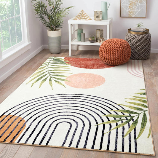 RoomTalks Boho Cute 3x5 Small Area Rugs Washable, Modern Abstract Geometric Shape with Tropical Leaves Non Slip Throw Rugs for Bedroom Kitchen Entryway Indoor Botanical Accent Carpet