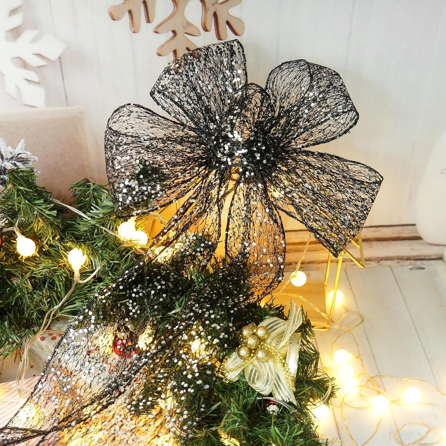 CT CRAFT LLC Sparkling Glitter Mesh Wired Ribbon 4" x 10 Yards Black for Christmas Home Decor Bow Gift Wrapping DIY Crafts Wreath