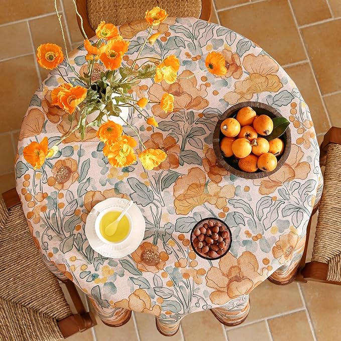 Vintage Linen Round Tablecloth,Italian Orange Floral Soft and Wrinkle Free Tablecloths,Decorative Table Cover for Kitchen,Dining,Tea Party,Home,Christmas,Diameter 67"-Positano