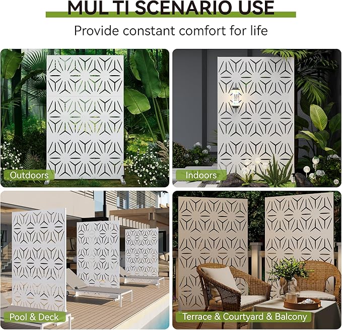 Heavy-Duty Outdoor Privacy Screen for Patio, Balcony, Backyard - 72" H * 44" W Metal Room Divider with Modern Geometric Pattern, Anti-Tipping Kit, Weather Resistant, Easy Assembly (White-SJX)