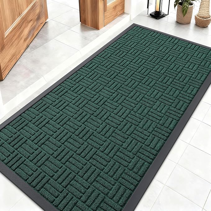 OLANLY Front Door Mat Outside Entrance 47x23, Absorbent, Heavy Duty Sturdy Natural Rubber Doormat Indoor Outdoor, Non-Slip, Stain and Fade Resistant, Low Profile Floor Mat for Entryway, Black Green