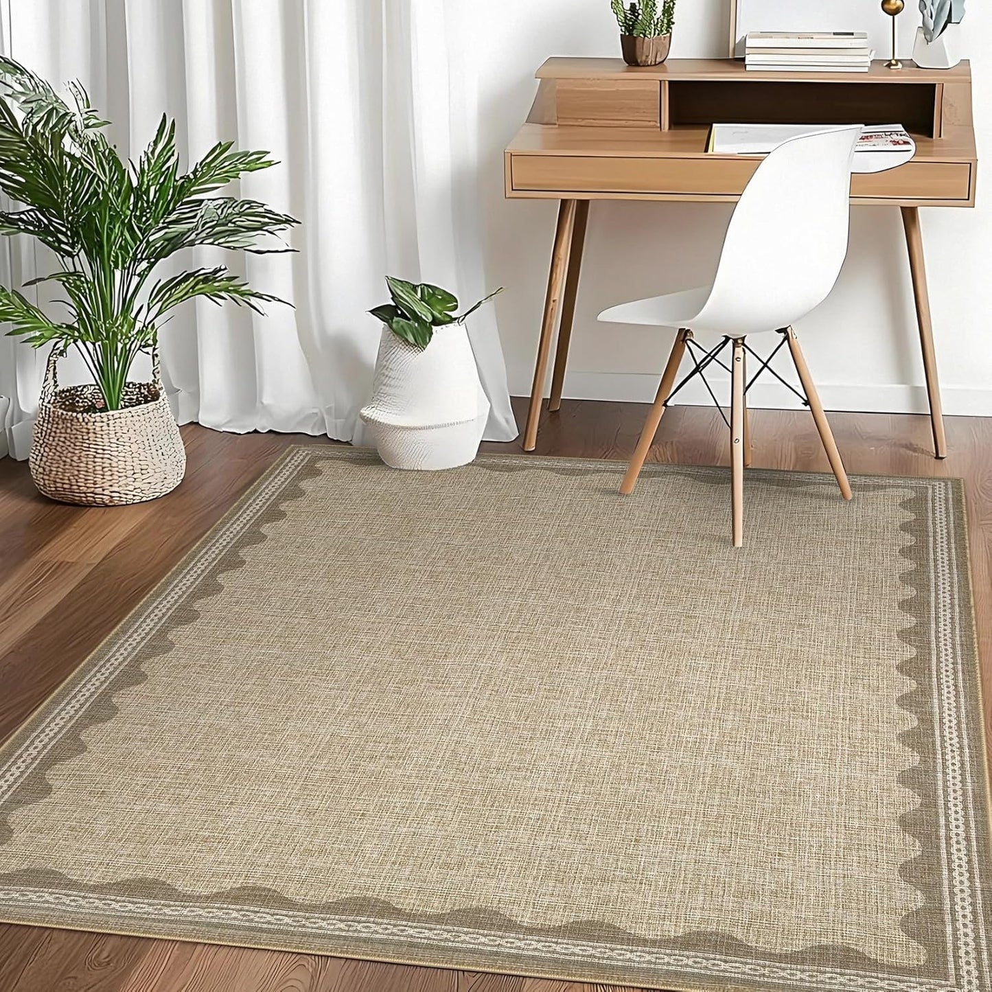 Scalloped Rug 4x6 Rugs for Entryway, Small Area Rugs Solid Jute Rug for Bedroom Girls, 4x6 Washable Rugs for Living Room, Non Slip Scalloped Bath Mat, Soft Dorm Nursery Carpet for Bedside