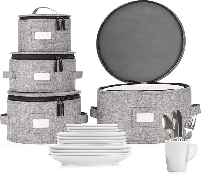 Set of 4 China Storage Cases for Dinnerware - Hard Shell and Stackable - Sizes: 12" - 10" - 8.5" and 7" W - 48 Plate Separators Included