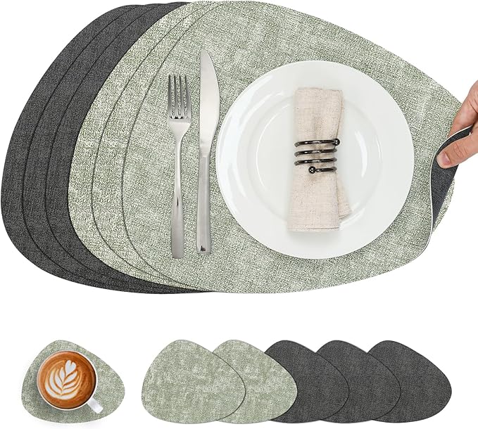 Placemats and Coasters, Washable Reversible Placemats Round Faux Leather Wipeable Place Mats Non Slip Heat Resistant Indoor Outdoor Table Mats (Set of 6, Gray Green)