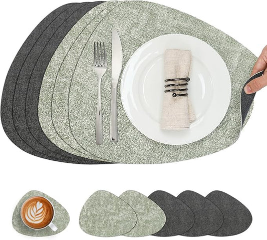 Placemats and Coasters, Washable Reversible Placemats Round Faux Leather Wipeable Place Mats Non Slip Heat Resistant Indoor Outdoor Table Mats (Set of 6, Gray Green)