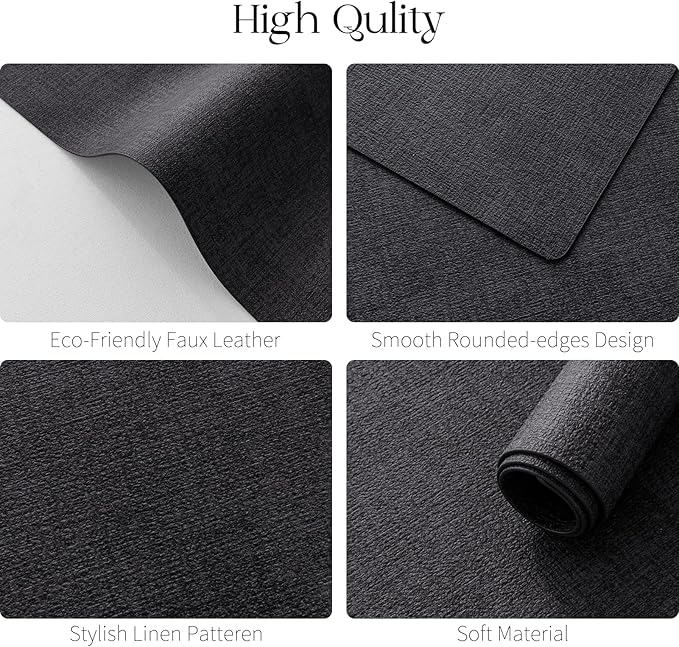 MOSAYT Faux Leather Placemats Set of 6, Heat Resistant Wipeable Washable Vinyl Place Mats with Coasters, Waterproof Oil Proof Table Mats for Kitchen Dining Party Indoor Outdoor, 12" x 18", Black