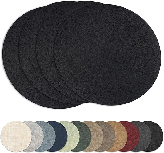 13" Round Placemats Set of 4, Reversible Faux Leather Heat Resistant Table Mats, 100% Waterproof Oilproof Wipeable Table Protective Placemats for Vinyl, Washable for Indoor (4, Black)