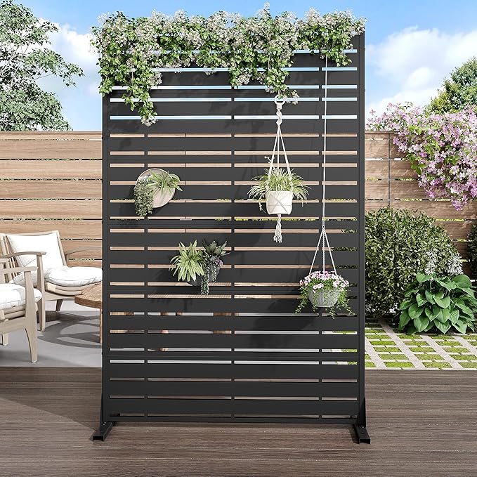 Casaphoria Metal Privacy Screen Outdoor, 72" H x 47" W Freestanding Decorative Privacy Screen for Patio Deck Balcony Garden with Stable Base, Black-Adams