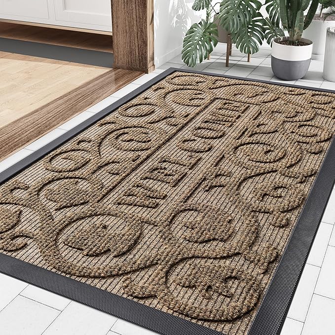 Smiry Welcome Door Mat Outside Entrance, Heavy Duty Trap Dirt and Moisture Easy Clean Low Profile Patio Porch Indoor Outdoor Front Doormat for Entry, 36x24 Inch, Brown