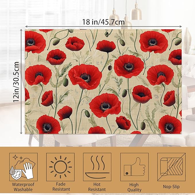 Poppy Flowers Placemats Set of 6,Red Bright Table Mates Non-Slip Heat Resistant Washable Linen Place Mats for Party Kitchen Dining Decoration Indoor Outdoor 12"x18"