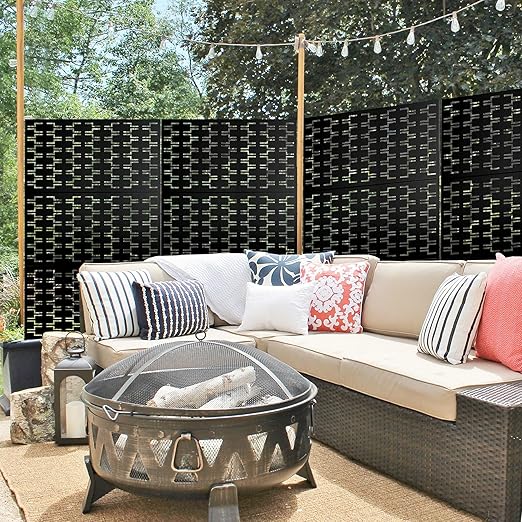 Casaphoria 72" H x 47" W Metal Outdoor Privacy Screen, Freestanding Decorative Divider for Patio, Deck, Balcony, and Garden with Stable Base, Black Brick