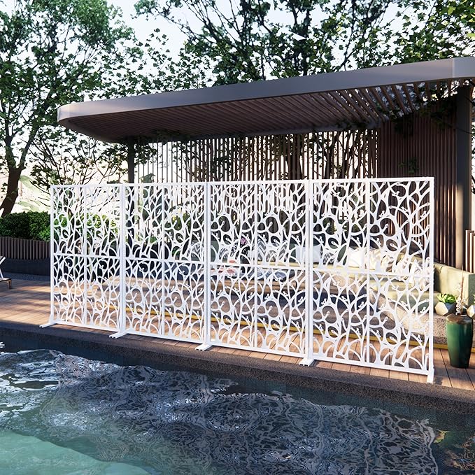 Metal Privacy Screen Room Divider 72" H x 45.3" W, Free Standing Decorative Panel with Bird Design for Indoor Outdoor Use, Black Iron Partition for Patio Balcony Garden (Bird White)