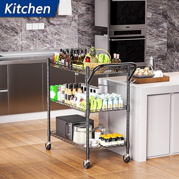 REGILLER 3 Tier Heavy Duty Rolling Utility Cart,18" D x 30" W x 36.6" H Rolling Carts with Wheels,Commercial Grade Metal with Handle Bar & Shelf Liner,Trolley Serving Storage Cart for Kitchen Black