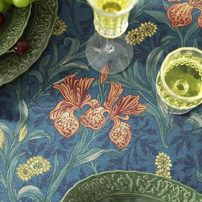 patdrea Designer Dark Blue Linen Rectangle Tablecloth,Vintage French Rustic Floral Pattern Tablecloths,Decorative Table Cover Cloth for Kitchen,Dining,Tea Party,Home,Christmas,63"*102"