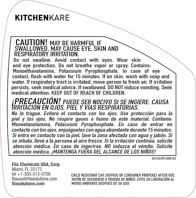 FILA Surface Care Solutions, KITCHENKARE, Heavy Duty Degreaser Cleaner for Kitchen, Grill, Oven, Fireplace; BBQ Cleaner Spray, Desengrasante de Cocina, Degreasing Detergent Bike Chain, 24OZ