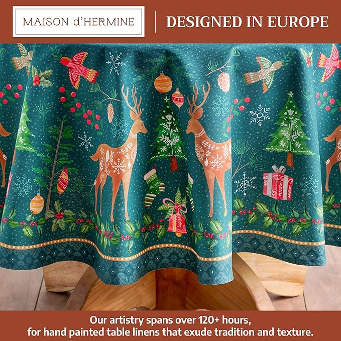 Maison d' Hermine Table Cloth Round Table 100% Cotton 69 Inches Fall Tablecloth Reusable Everyday Use for Thanksgiving Christmas Decorations Dining Farmhouse Party (Hygge Christmas)
