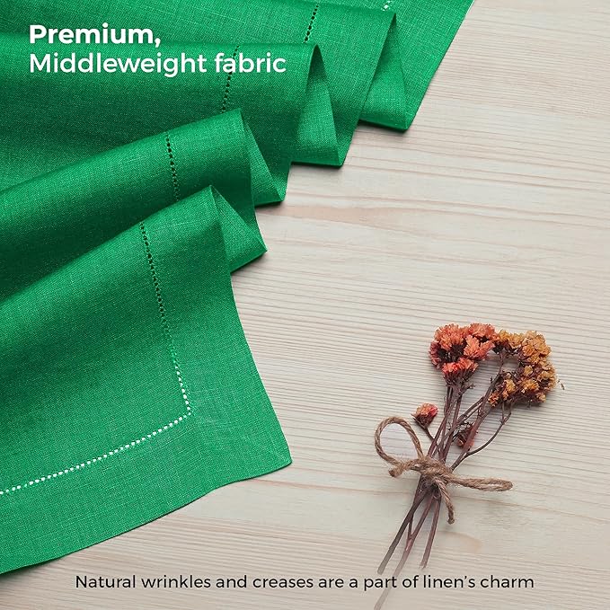 D'Moksha Homes Linen Kelly Green Table Runner 144 Inches Long - 100% Pure Linen Extra Long Table Runner 14 x 144 Inch for St Patricks Day, Easter - Classic Hemstitch