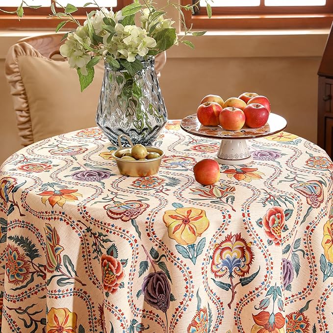 Vintage French Round Tablecloth,Linen Extra Long Tablecloth with Rose and Cornflower Pattern,Decorative Table Cover for Kitchen,Dining,Thanksgiving,Party,Diameter 55"-Lanae