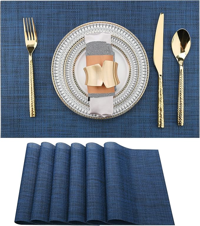 SLKQG Navy Blue Placemats Set of 6 - Easy Clean Washable Vinyl Placemats - Wipeable Heat Resistant Table Mats for Dining Table - 17x12 Inch (Navy Blue, 6)