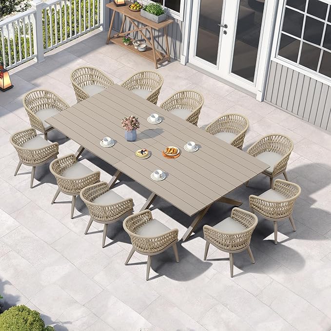 PURPLE LEAF 14 Pieces Outdoor Dining Set All-Weather PE Rattan Outdoor Patio Furniture Set with All Aluminum Frame Rectangular Table and Chairs Set for Lawn Garden Backyard Deck, Champagne