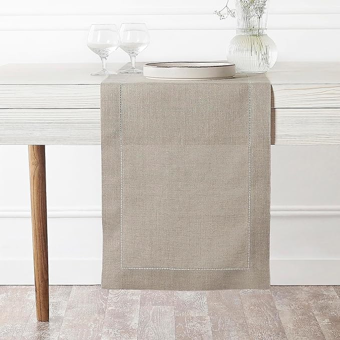 D'Moksha Homes Linen Natural Table Runner 132 Inches Long - 100% Pure Linen Extra Long Table Runner 14 x 132 Inch for Valentines, Spring, Easter - Classic Hemstitch