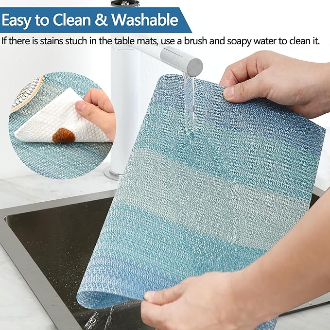 SLKQG Placemats Set of 8 - Easy Clean Washable Vinyl Placemats - Wipeable Heat Resistant Table Mats for Dining Table - 17.7x11.8 Inch (8, Blue Gradient)