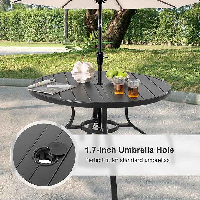 NUU GARDEN 41" Round Metal Outdoor Patio Dining Table for 4, All-Weather Slatted Outdoor Table with 1.57" Umbrella Hole and Adjustable Feet for Lawn Garden Backyard, Black