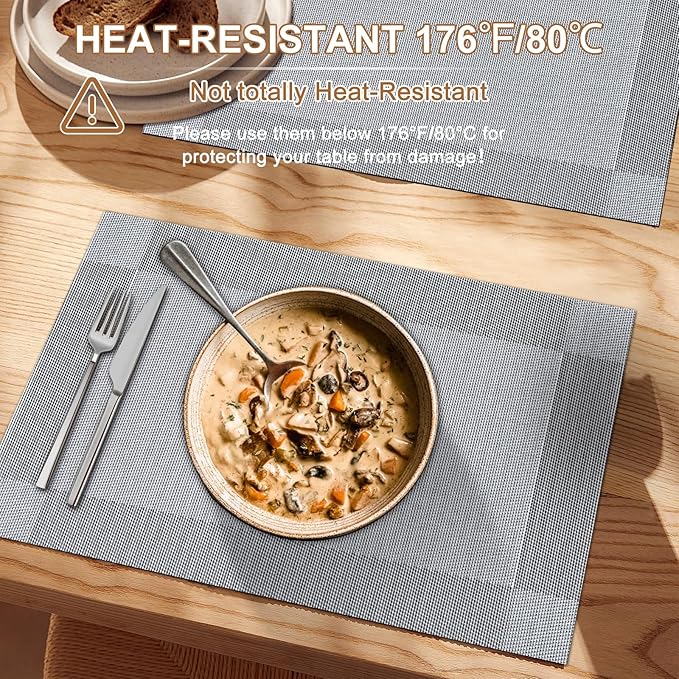 BETEAM Placemats Set of 6, Woven Vinyl Placemat for Dining Table Washable Wipeable Kitchen Place Mats Durable Indoor Outdoor Table Mats