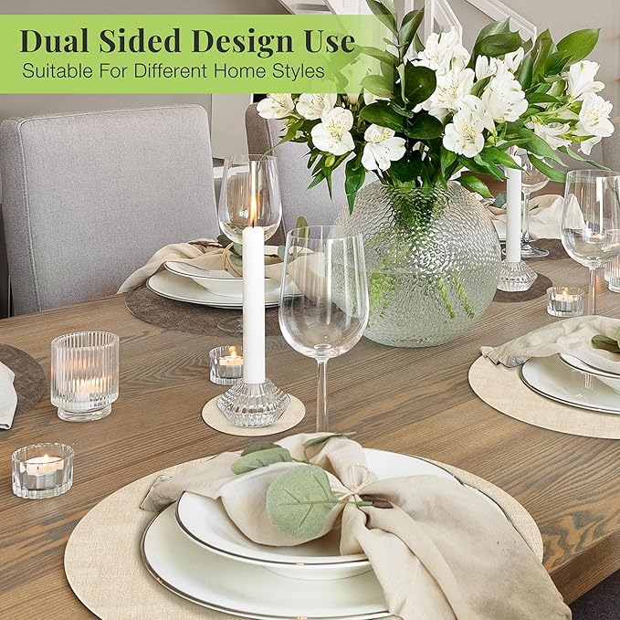 13-Inch Faux Leather Round Placemats Set of 12, Waterproof Anti-Slip Dual Sided Place mats, Heat Resistant Washable Table Mats with Coaster, Suitable for Indoor & Outdoor (12, Beige Dark Coffee)