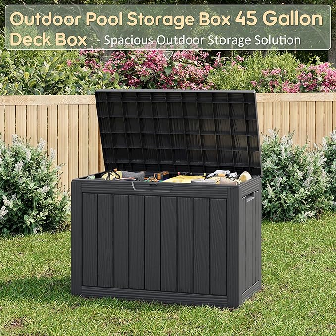 NUNU LAB Outdoor Storage Box, 45 Gallon Outside Deck Box Waterproof, Resin Outdoor Storage Cabinet With Lockable Lid, Backyard Storage Bench For Garden Tools, Patio Cushions, Pool Tools, Black