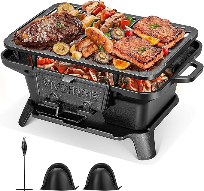 VIVOHOME Rectangle Cast Iron Charcoal Grill with Double-Sided Grate, Portable Outdoor BBQ Grill, Compact Tabletop Grill Stove (Note: The charcoal grid is made of stainless steel, not cast iron)