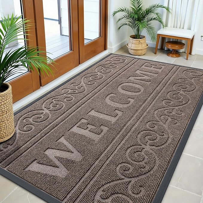 OLANLY Welcome Door Mat Indoor Outdoor Entrance, Heavy Duty Sturdy Front Door Mat, Waterproof All-Weather Doormat, Stain Resistant, Low Profile, Easy Clean Patio Entryway Mat, 59 x 35, Medium Brown