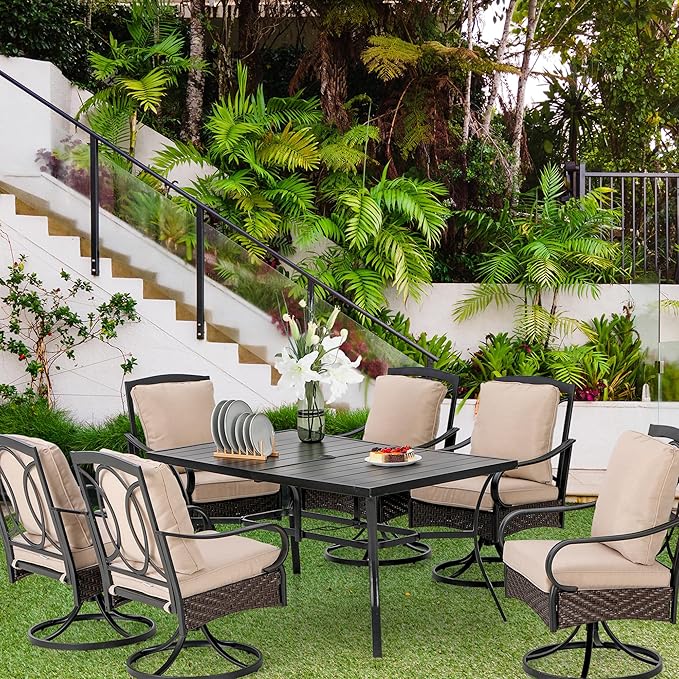 PHI VILLA Outdoor Dining Set for 6, All-Weather Patio Table and Chairs Set for 6, Heavy Duty Rectangle Patio Metal Table Set for Deck, 6 Extra Large Outdoor Swivel Chairs with Thick Cushions