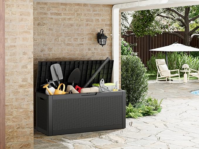 70 Gallon Outdoor Storage Deck Box Waterproof,Large Resin Storage Container for Outside,Patio Accessories for Outsid,Backyard Delivery Boxes,Lockable Lid,Rattan Black