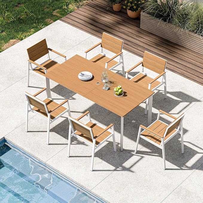Outdoor Patio Dining Set for 6, Aluminum 7 Piece HDPS Patio Table and Chairs Set with Umbrella Hole, Modern Rectangular Patio Furniture Set with All-Weather Table & 6 Chairs (White & Teak)