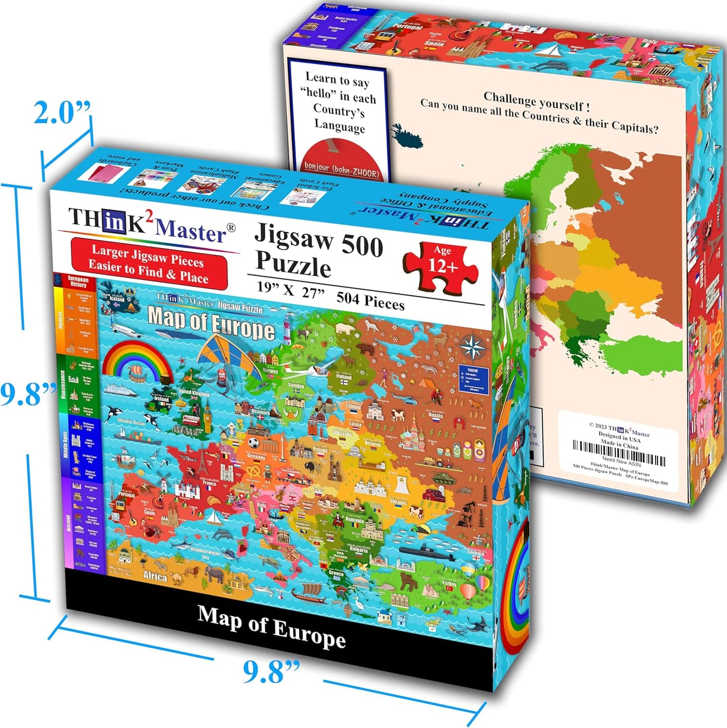 Think2Master Colorful Map of Europe 500 Pieces Jigsaw Puzzle for Kids 12+, Teens, Adults & Families. Great Gift for stimulating Interest in The European Map. Size: 26.8” X 18.9”