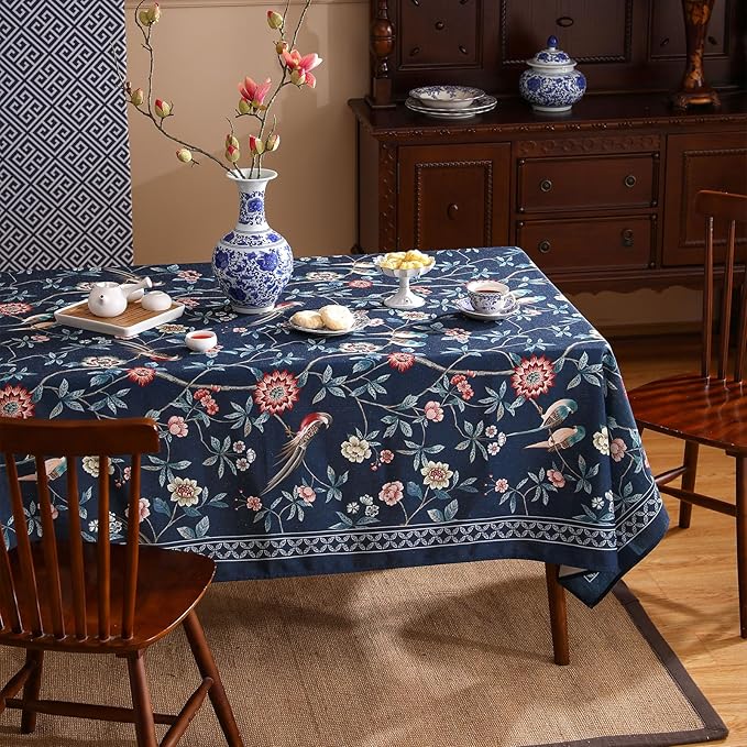 patdrea Designer Dark Blue Linen Rectangle Tablecloth,Vintage Navy French Floral and Birds Pattern Table Cloth,Decoration Table Cover for Kitchen,Dining,Tea Party,Home,Christmas,55"*87"