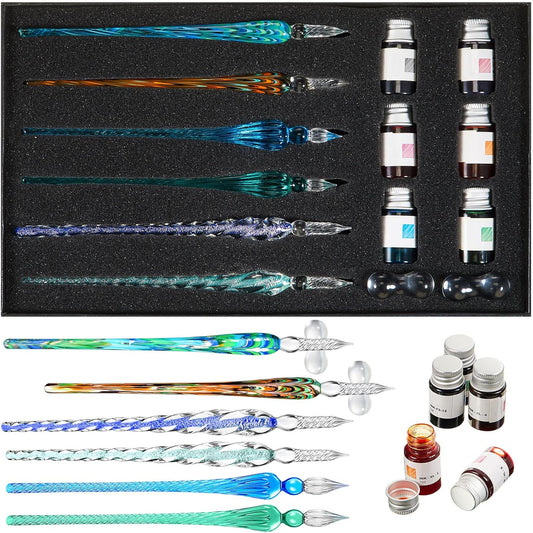 Zonon Glass Dipped Pen Ink Set 14 Pcs Include 6 Pcs Glass Dip Pen, 6 Colorful India Ink and 2 Holder Crystal Signature Calligraphy for Art, Writing, Signatures, Gift(Green Color System)
