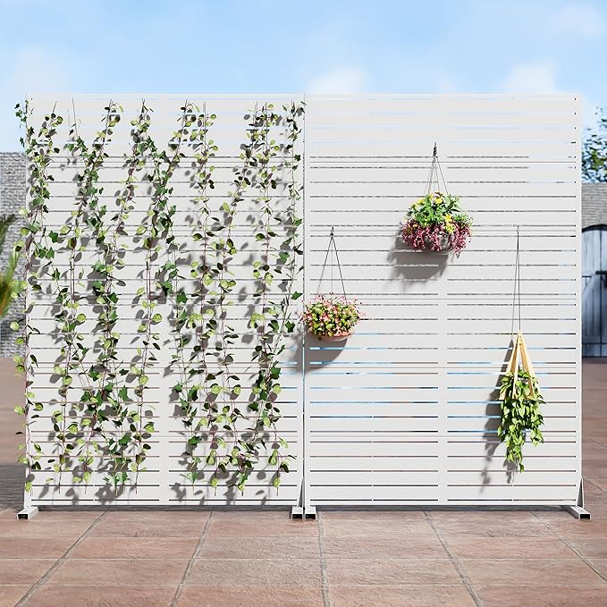 Casaphoria 72" H x 45" W Metal Privacy Screen, 2 Pack Outdoor Freestanding Decorative Divider for Patio & Garden with Stable Base, White-Louvered