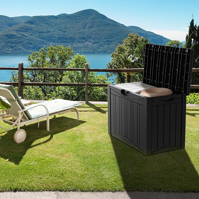 50 Gallon Plus Resin Deck Box, Waterproof Outdoor Storage Box for Patio, Poolside, and Garden, Lockable UV-Resistant Storage Bin Bench Cabinet for Small Spaces, Black