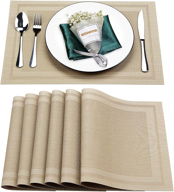 Placemats Set of 6,Washable,Heat and Stain Resistant Indoor/Outdoor Place mats,Vinyl Woven Non Slip Table Mats for Restaurant Table Protection,PVC Placemats(Beige,6PCS)