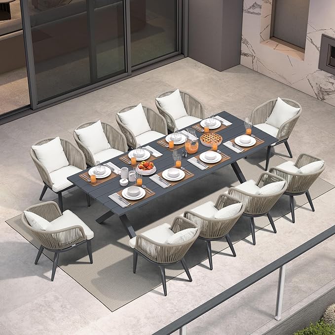 PURPLE LEAF 11 Pieces Patio Dining Set Wicker Outdoor Furniture Rectangular Table and Chairs Set for Garden Deck Aluminum Frame Backyard Kitchen Set, Cushions and Pillows Included Taupe