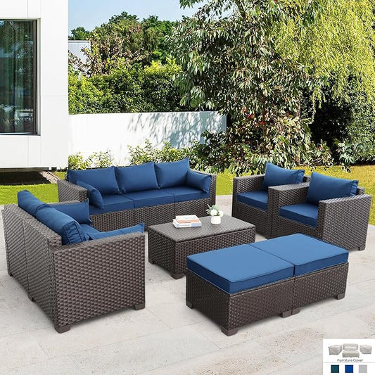 Patio Furniture Set Outdoor Patio Furniture with Storage Table Outdoor Couch Patio Chairs Outdoor 7-Piece Conversation Set with Non-Slip Cushions Waterproof Covers, Navy Blue