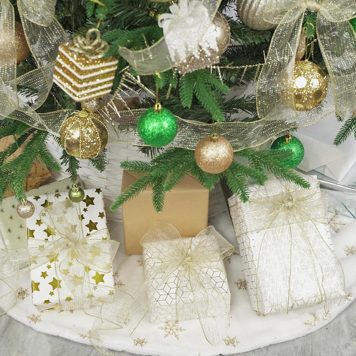 MEEDEE Glitter Gold Wired Ribbon 2.5 Inch Horizontal Stripes Polka Dot Christmas Ribbon Organza Sheer Glitter 25 Yards Gold for Christmas Tree, Wreath Bow Making