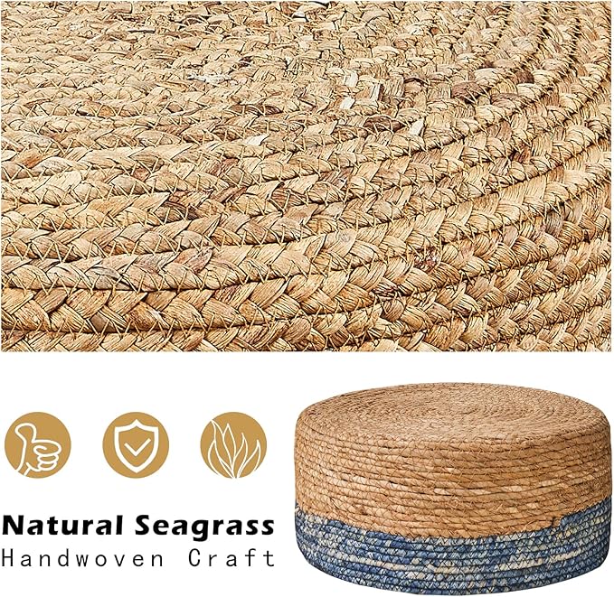 Wimarsbon Round Foot Stool Natural Seagrass Poufs Ottoman Hand Weave Footrest Stool for Couch Desk Extra Seat Step Stool with Solid Wood Legs for Hallway Patio Lounge Blue