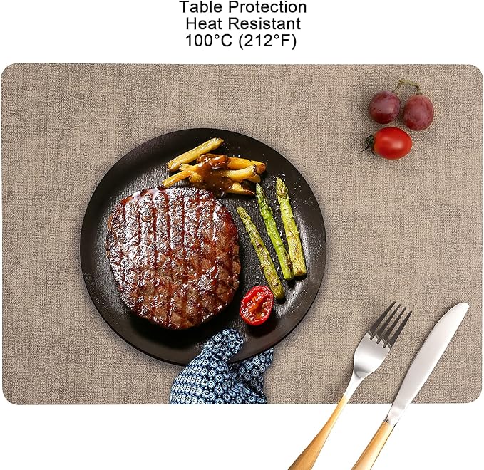 Myir JUN Placemats Dual Sided, Faux Leather Place Mats Set of 4 Indoor Placemat for Dining Table Outdoor Place Mat Manteles Individuales Square Non-Slip Washable Table Mats (Gray Beige, Set of 4)