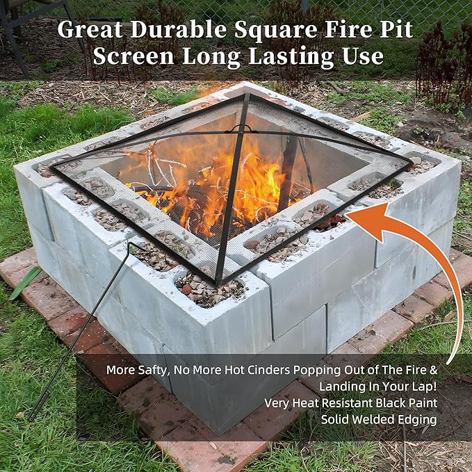 WeCooper 32Inch Heavy Duty Fire Pit Spark Screen Cover, Steel Mesh Square Firepit Screen, Fire Pit Ember Guard with FirePit Poker