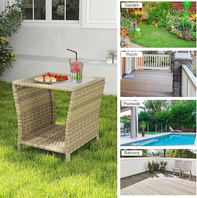 kinbor Small Patio Table - Tempered Glass Top Small Outdoor Wicker Side Table with Storage Shelf for Patio, Balcony & Porch, Durable PE Rattan & Iron Frame